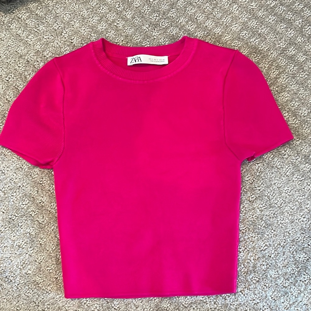 Zara cotton hot pink short sleeve knit top